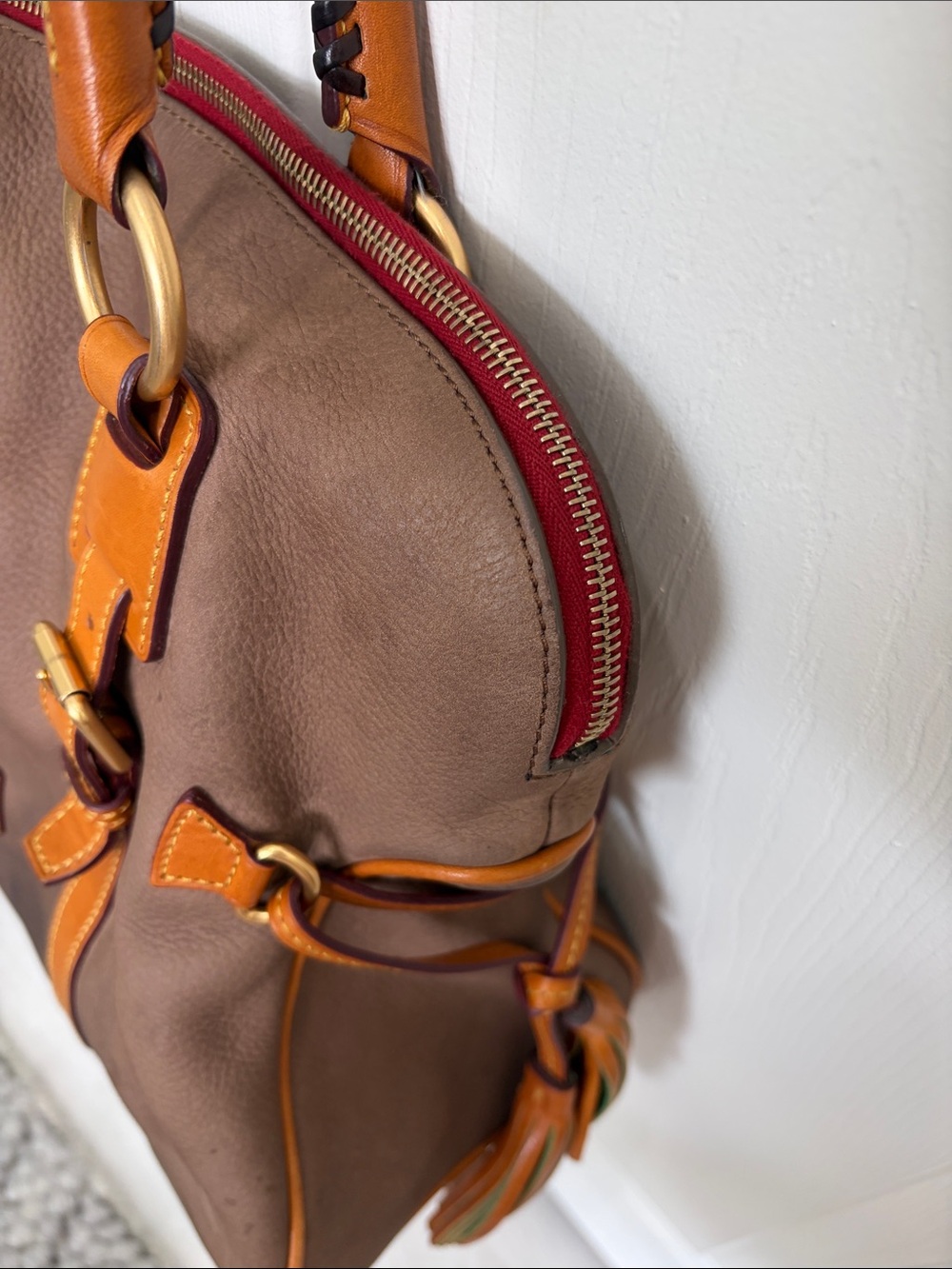 Dooney and Bourne Brown Leather Satchel with Tan Trim - Women's Handbag - Picture 6 of 14